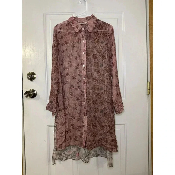 SOFT SURROUNDINGS Women Rose Floral Long Sleeve Tunic Dress Sheer Small Lagenlo - Picture 2 of 9